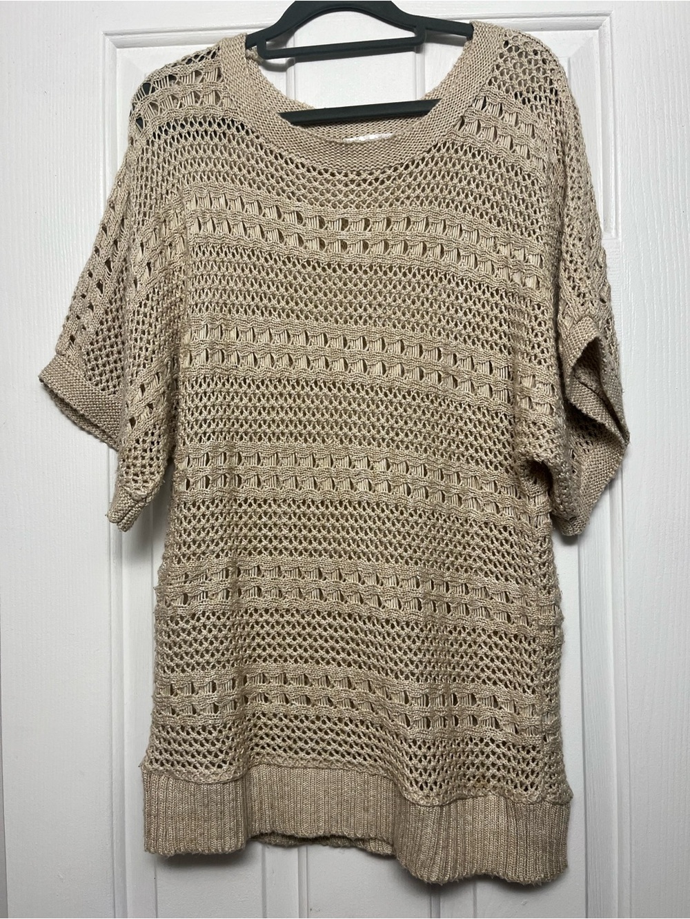 dressbarn Beige Open-Weave Short Sleeve Sweater